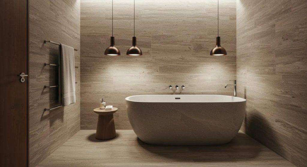 a sleek, modern stone bath encased in an elegant, minimalist bathroom, highlighted by soft pendant lighting that casts gentle shadows on the textured surfaces, creating a serene, spa-like atmosphere.