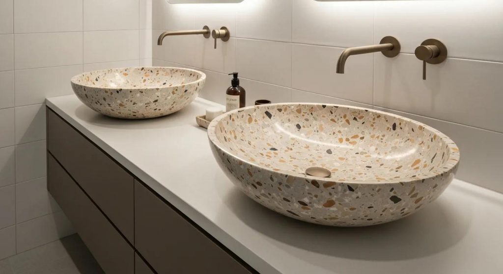 Luxury Pietra Bianca terrazzo basins in an elegant bathroom setting