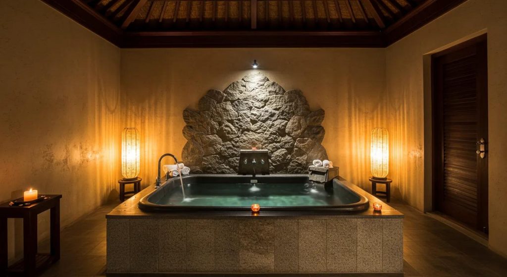 a luxurious stone bath nestled within a serene, upscale indoor spa in bali, featuring warm ambient lighting and elegant decor that exudes tranquility and relaxation.