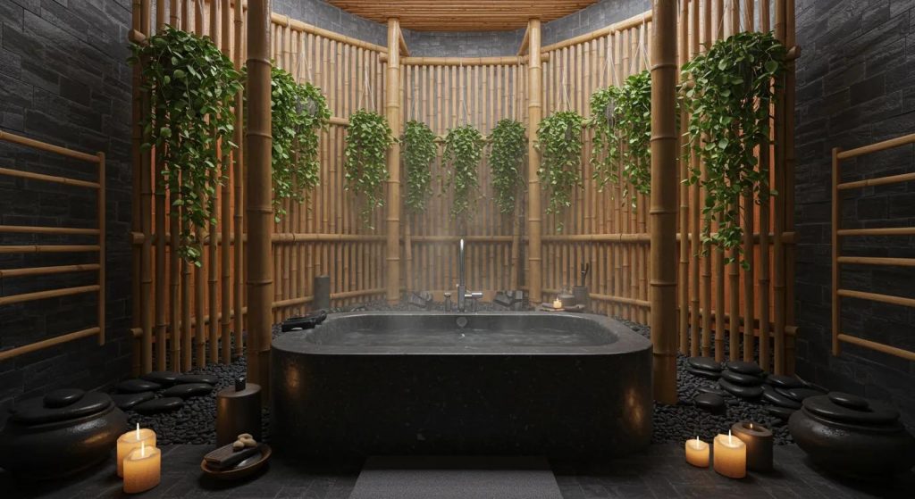 a luxurious and modern bathroom space with spa vibes using hot spring, bamboo partitions with hanging vein plants, black stones in the corners, and teraso bathtub in the middle