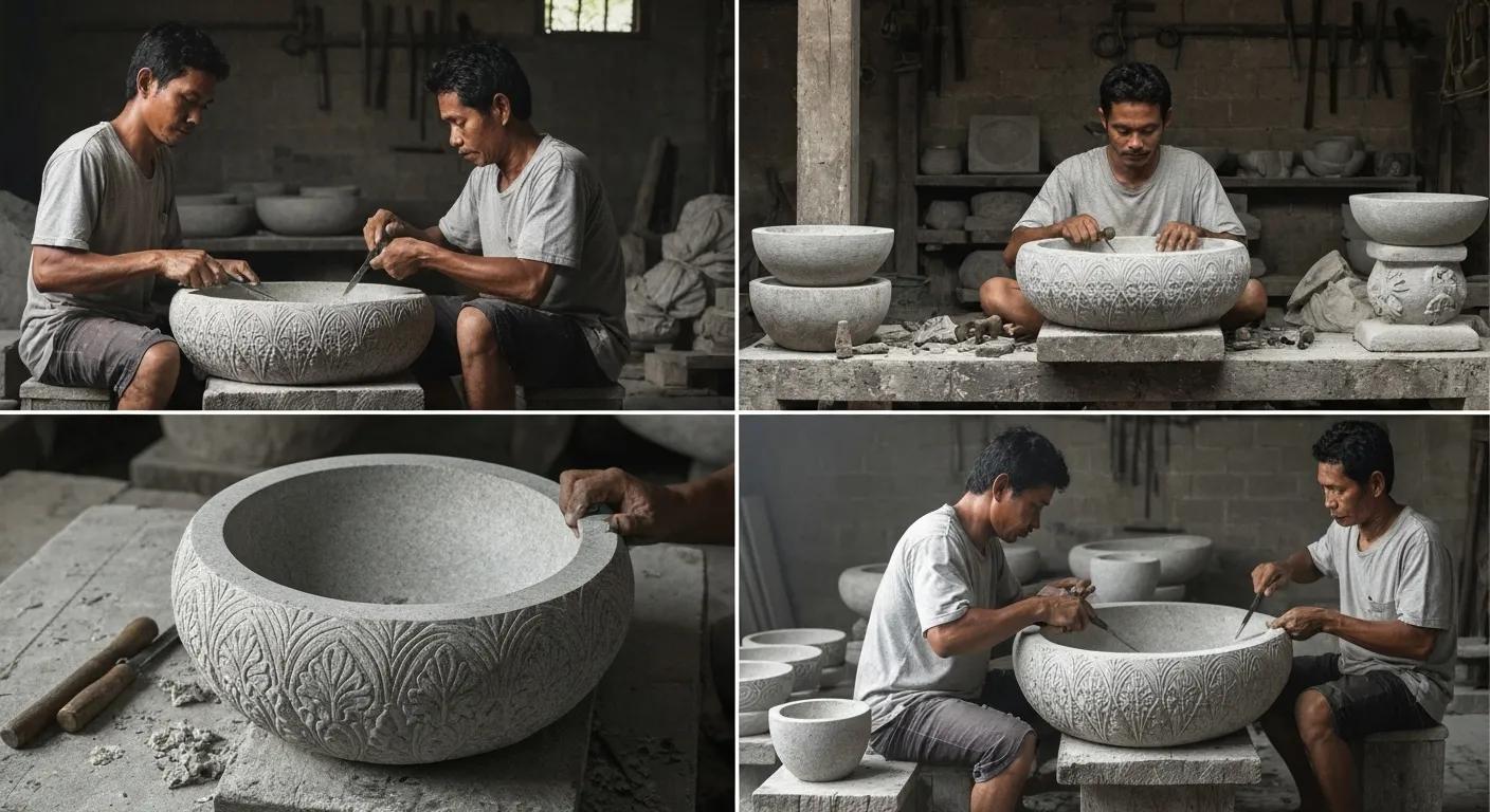 Artisans in Java crafting stone basins from Bali-sourced materials, showcasing traditional craftsmanship
