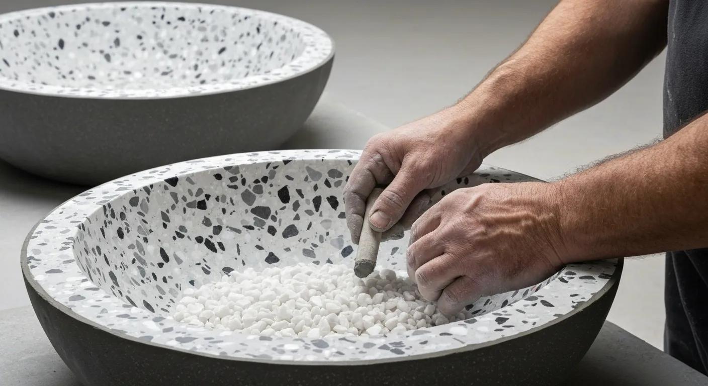 Artisan handcrafting a Pietra Bianca terrazzo basin, showcasing quality craftsmanship