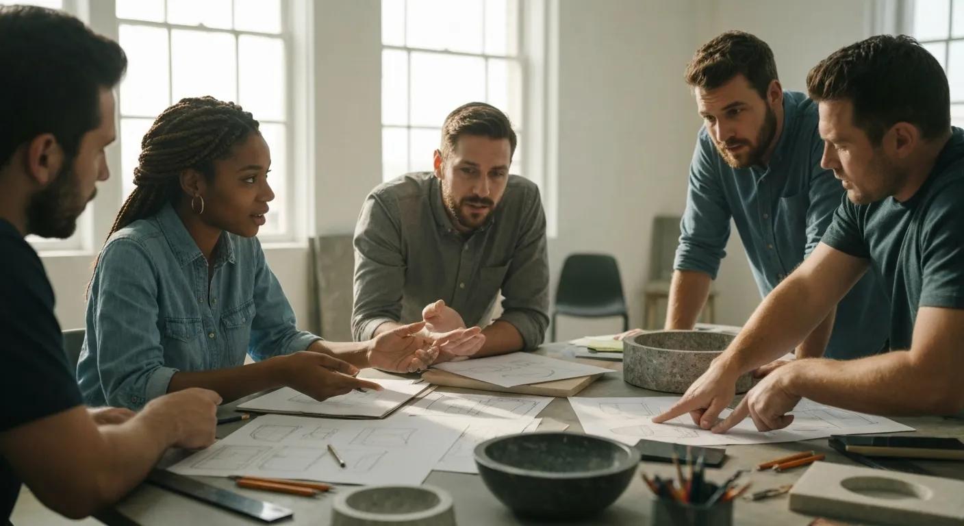 Designers collaborating on custom stone sink options, showcasing sketches and samples in a creative workspace