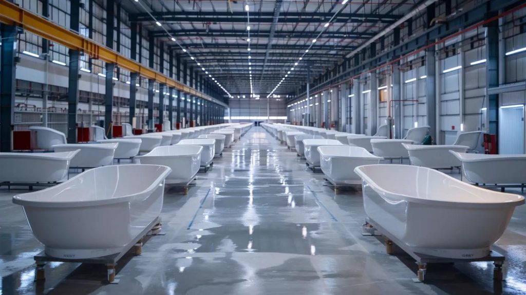 a sleek, high-tech bathtub manufacturing facility in bali, showcasing modern assembly lines filled with elegantly designed bathtubs under bright, industrial lighting.