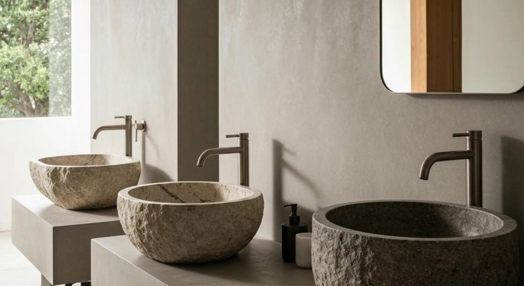 Elegant stone basins in a luxurious bathroom setting, highlighting natural textures and finishes