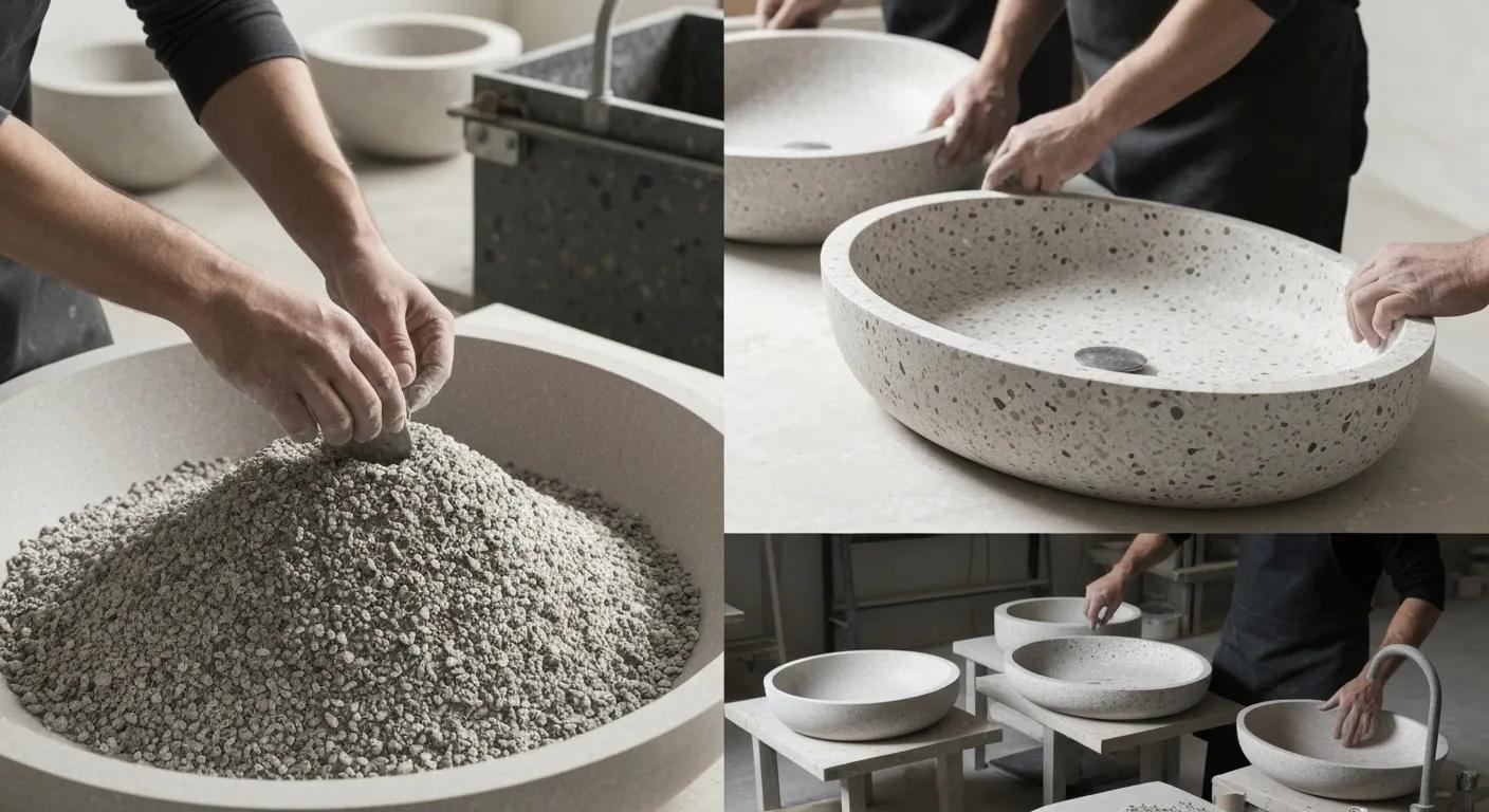 Eco-friendly production of Pietra Bianca terrazzo basins using recycled materials