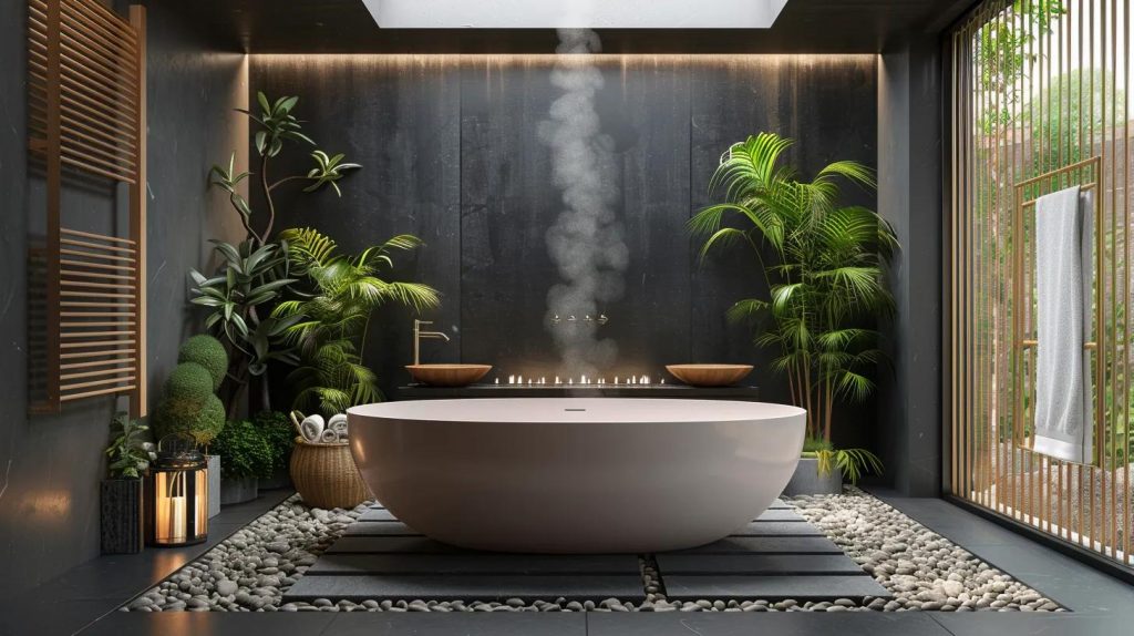 a  luxurious and modern bathroom space with spa vibes using bamboo plants, black smooth stone and steam added to the bathroom with white ceramic bathtub in the middle