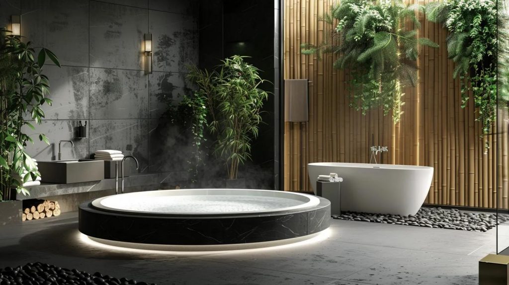 a  luxurious and modern bathroom space with spa vibes using bamboo plants, black smooth stone and steam added to the bathroom with white ceramic bathtub in the middle