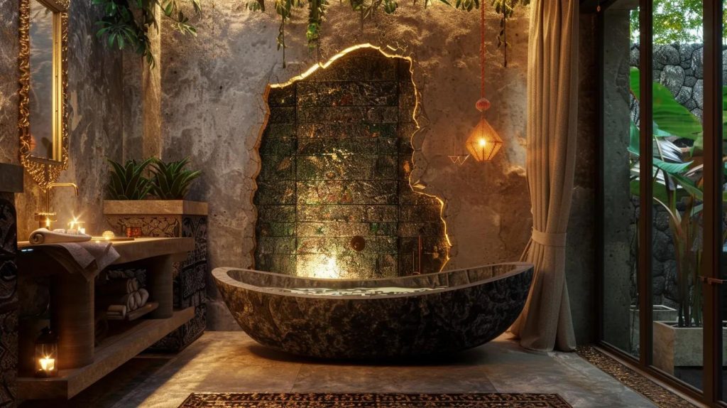 an opulent stone bathtub, intricately carved from dark volcanic rock, is elegantly positioned in a luxurious balinese villa, accented by soft golden lighting that enhances the serene ambiance of the chic indoor spa setting.