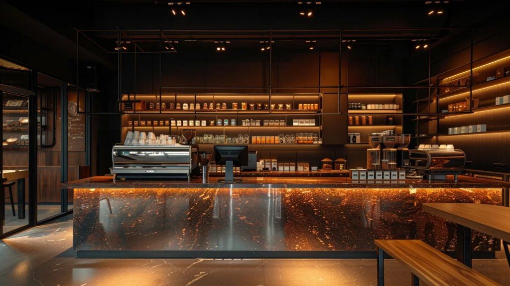a sleek, modern coffee shop interior features a polished stone basin elegantly showcasing the rich, dark hues and textures of freshly brewed java, illuminated by warm overhead lighting that invites customers to indulge in the experience.