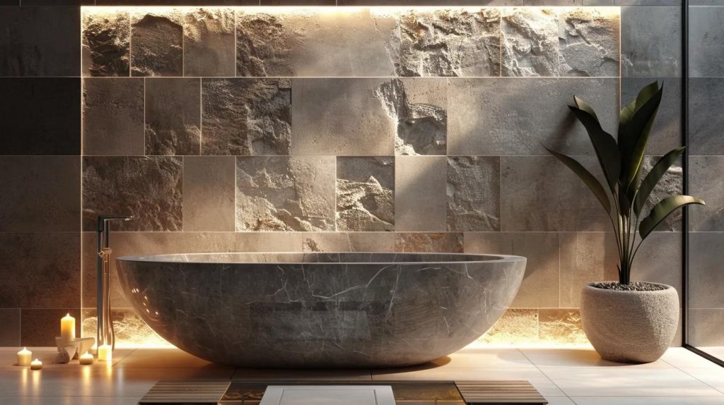 a luxurious stone bathtub, elegantly positioned against a backdrop of sleek modern tiles, reflects soft ambient lighting that enhances its textured surface, creating an atmosphere of sophisticated relaxation within a contemporary urban bathroom.