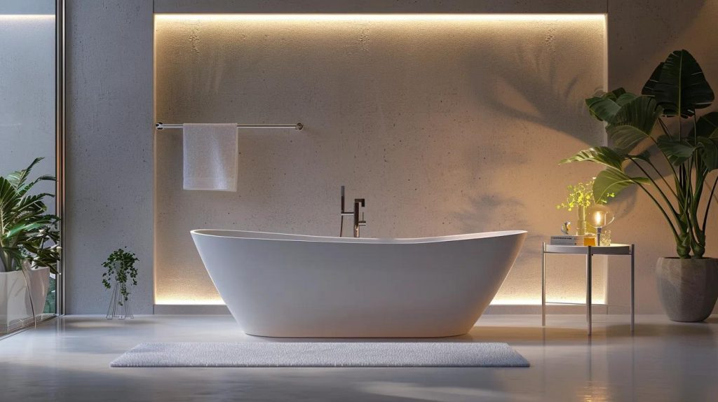 a luxurious teraso bathtub elegantly situated in a modern, minimalist bathroom, featuring sleek lines, bold geometric shapes, and ambient lighting that enhances the tranquil atmosphere.