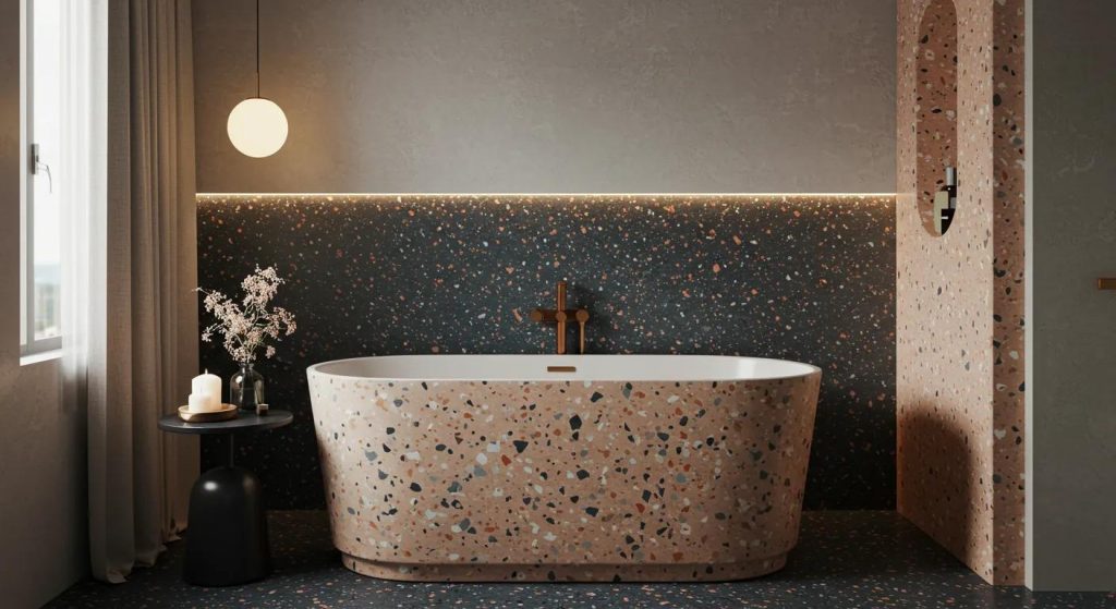 an elegant terrazzo bath showcasing intricate patterns and rich textures, surrounded by a stylishly minimalist indoor setting that exudes luxury and tranquility.
