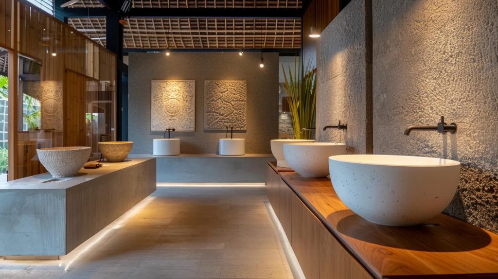 a vibrant, modern interior showroom in bali showcases an array of elegantly designed basins, with sophisticated lighting accentuating their unique textures and colors against a sleek, minimalist backdrop.