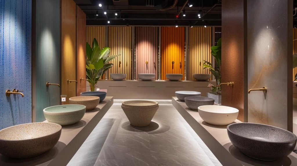 a vibrant, modern interior showroom in bali showcases an array of elegantly designed basins, with sophisticated lighting accentuating their unique textures and colors against a sleek, minimalist backdrop.