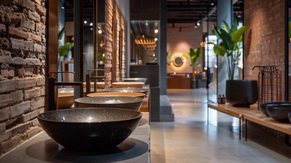 a vibrant, modern interior showroom in bali showcases an array of elegantly designed basins, with sophisticated lighting accentuating their unique textures and colors against a sleek, minimalist backdrop.