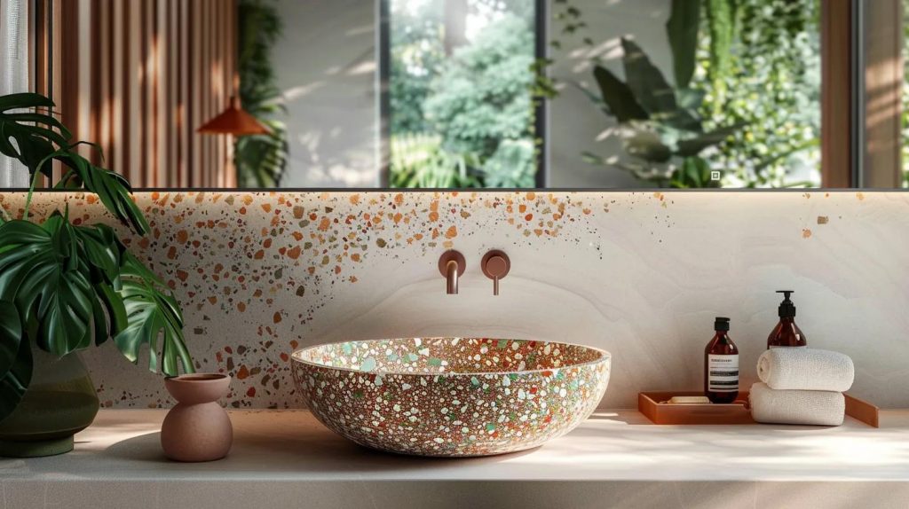 a luxurious terrazzo basin is elegantly displayed in a modern, minimalist bathroom setting, featuring sleek, contemporary fixtures and striking geometric patterns that enhance the basin's vibrant hues.