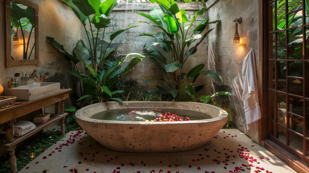 An elegant natural stone bathtub in a semi-outdoor Bali villa bathroom, surrounded by tropical plants, warm lighting, teak wood furniture, and tiled floors. The tub is filled with water and flower petals, with soft morning sunlight streaming in. High-resolution, luxury interior photography aesthetic.