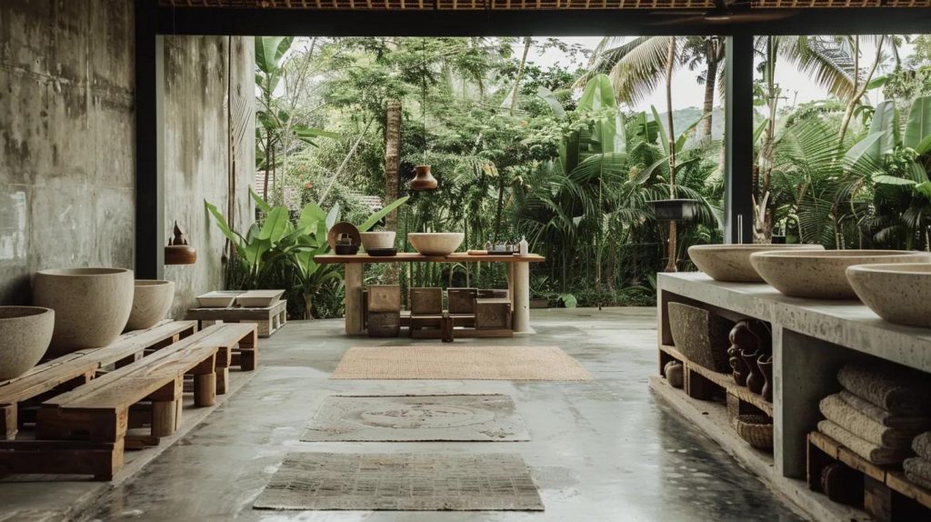 A serene, naturally lit workshop in Bali showcasing artisans handcrafting stone and terrazzo basins. The background features tropical greenery, smooth concrete floors, and finished basins arranged on wooden pallets, highlighting the craftsmanship and natural materials.