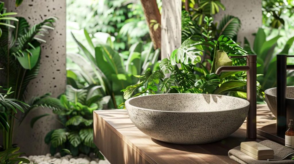 A beautifully styled open-air bathroom in a tropical villa, showcasing a handcrafted terrazzo basin made in Java, Indonesia. The basin sits on a timber vanity with lush greenery in the background, soft natural light, and subtle shadows. The design elements include stone, cement, and marble textures, evoking warm, earthy tones. The image should feel luxurious, organic, and artisanal—ideal for an upscale design magazine or product feature.