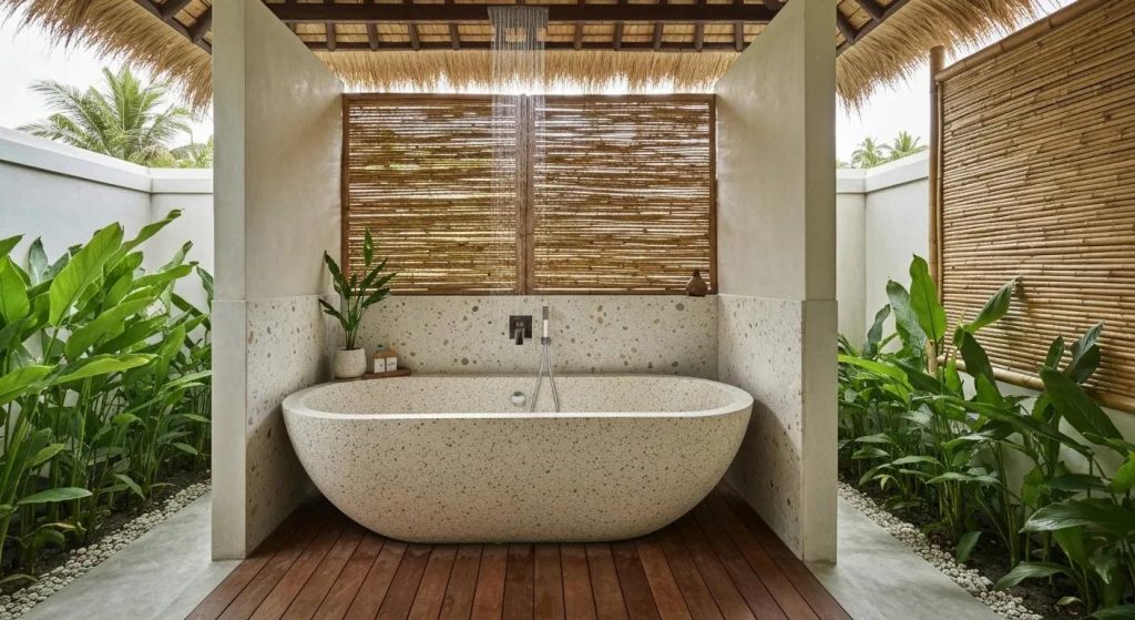 well-lit image of a luxurious stone bathtub placed in an open-air Balinese-style bathroom. The bathtub should be made of natural stone (preferably light terrazzo or marble tones), surrounded by tropical plants, smooth concrete or teak wood flooring, and soft natural lighting. Include elements like a rainfall shower, bamboo screen or a thatched roof for Balinese ambiance. The scene should convey elegance, relaxation, and artisan craftsmanship—ideal for a resort or luxury villa setting.